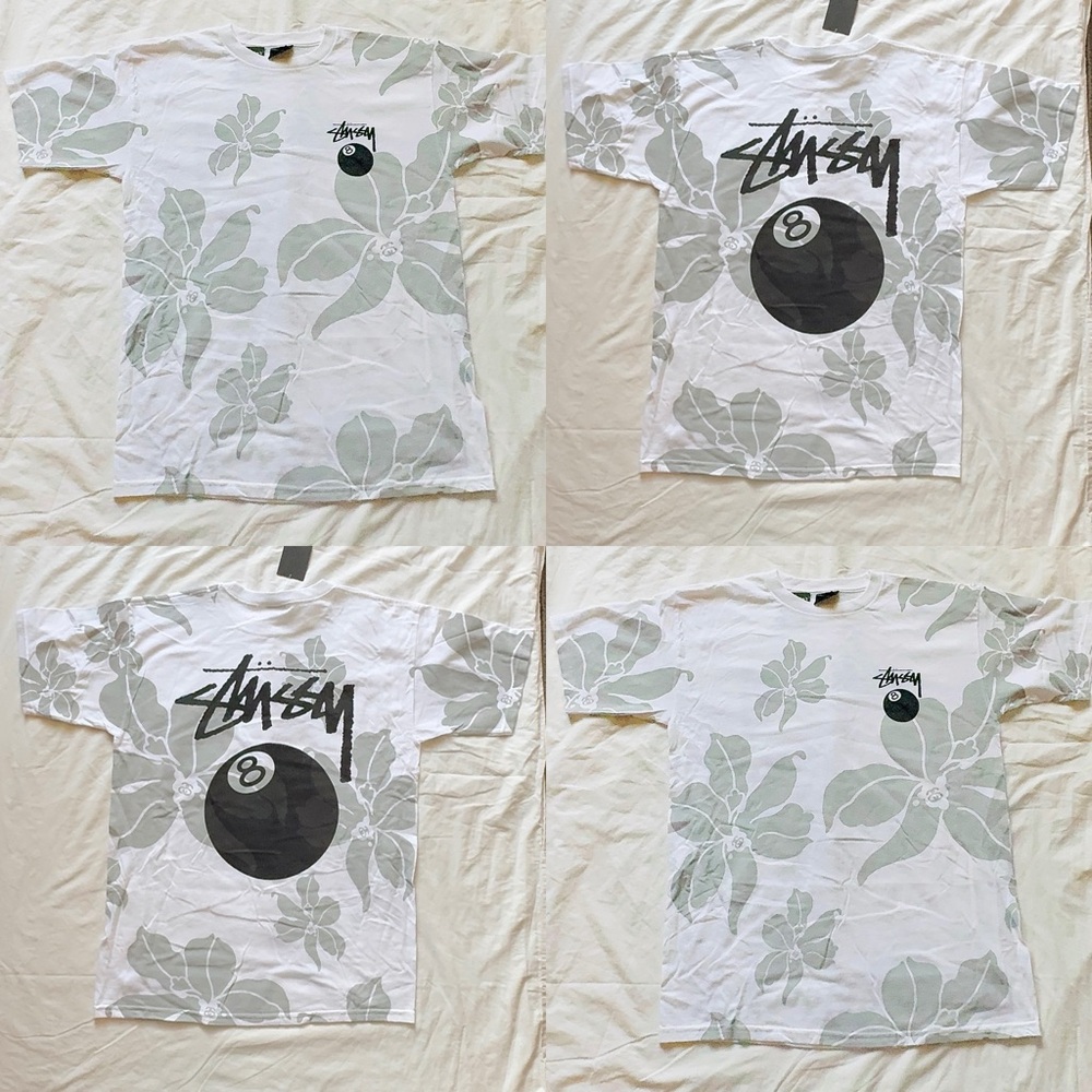 Stussy White and Gray Graphic T-Shirt with floral print.